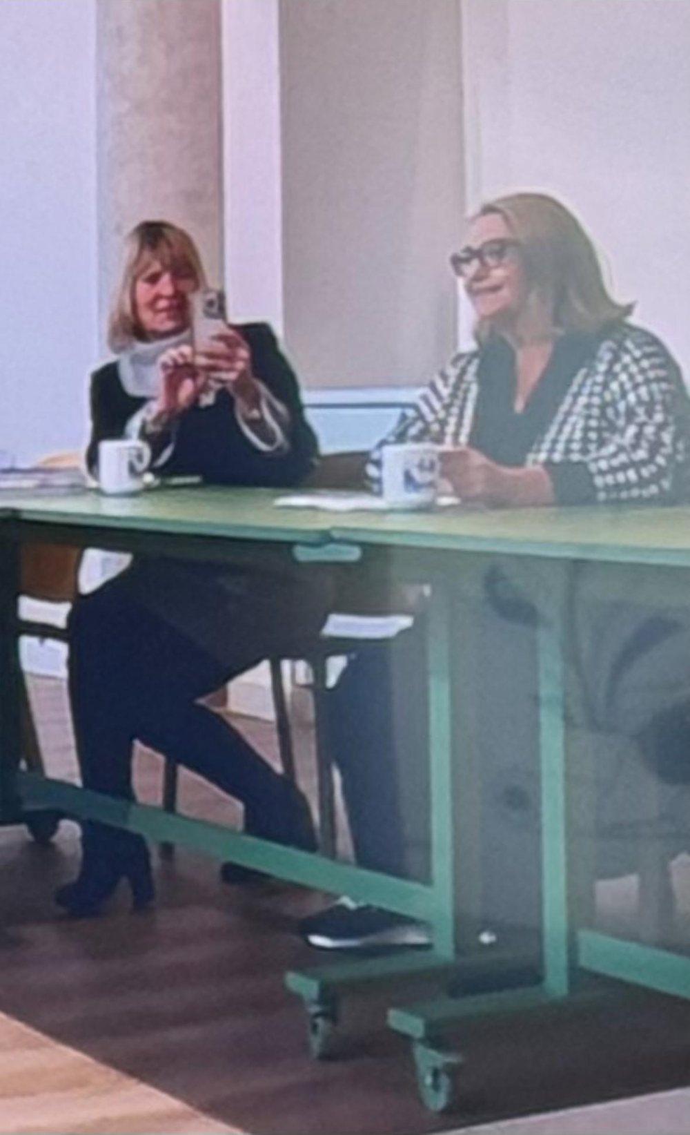Sarah in conversation with a colleague across a meeting table.
