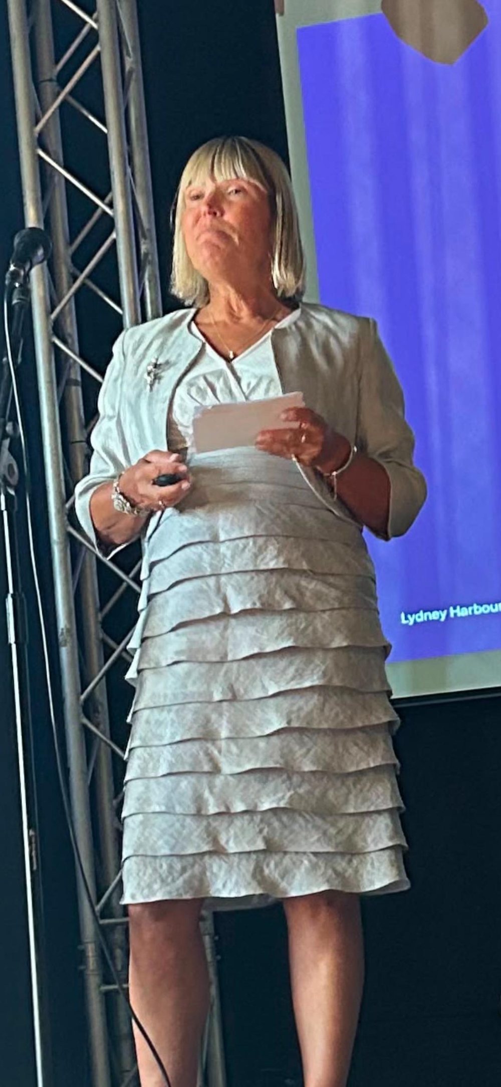 Sarah Taylor Phillips speaking on stage, notes in hand.